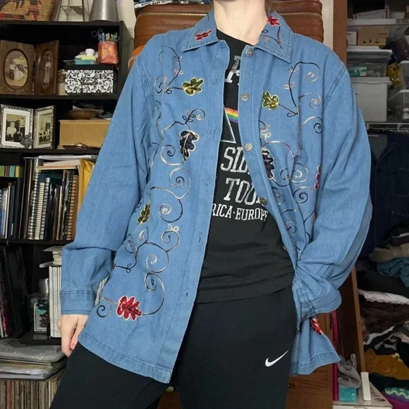 90s Adrian Delafield Embroidered Denim Button-Up Shirt Blouse Leaves Fall Fairy - Picture 7 of 14